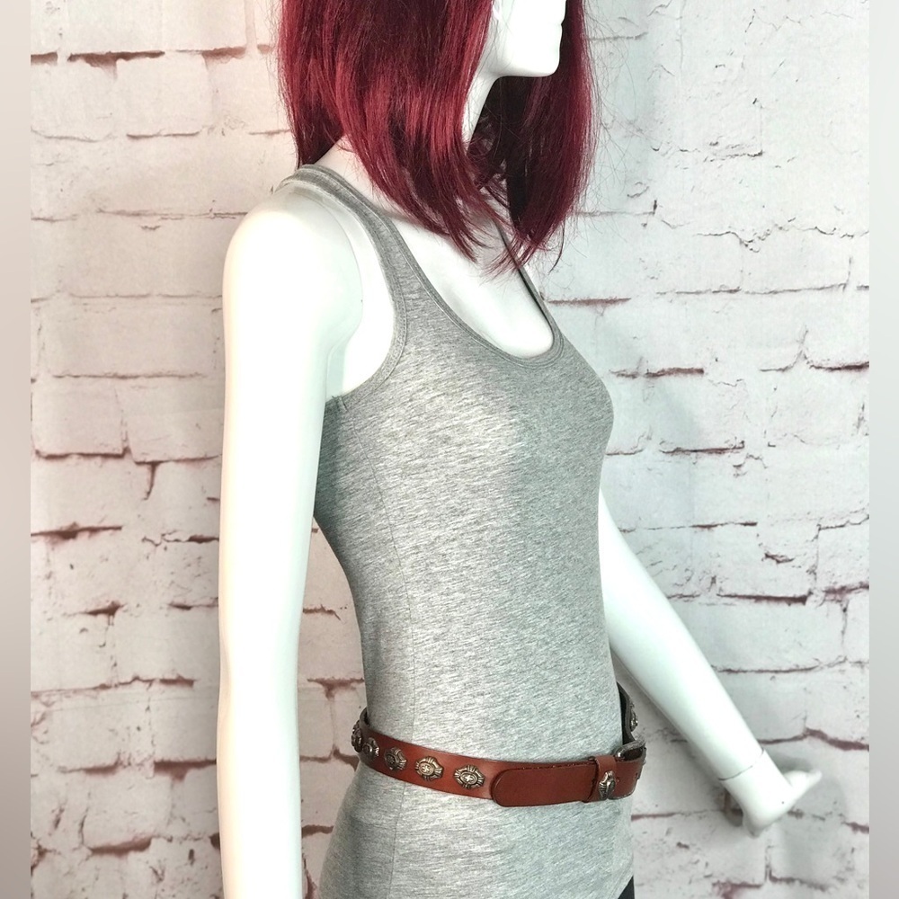 1980s Vintage NEIMAN MARCUS Brown Leather Pewter Cowgirl Conch Belt Size Large - Picture 7 of 16